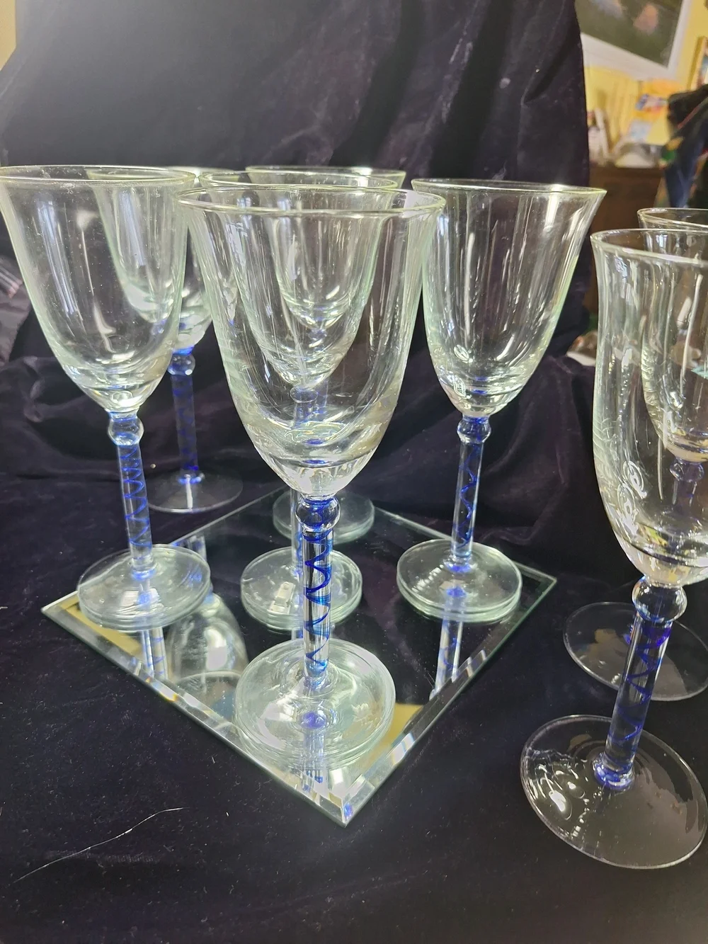 Blue Stem Crystal Wine Glasses - Set of 8